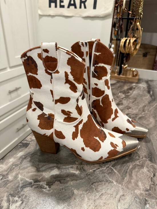 BEAST FASHION Shoes - BEAST FASHION Brown & White Cow Print Western Ankle Boots